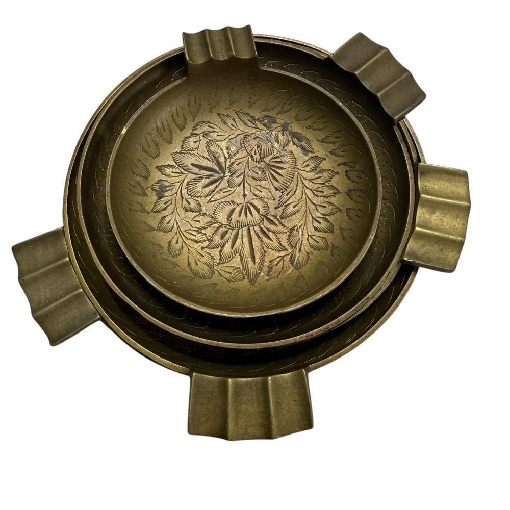 Vintage Etched Brass Nesting Trinket Dishes Ashtrays Floral Set of Five India